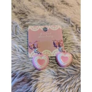 Kawaii Sweet Society coquette pink bow heart cake dessert pearl drop earrings